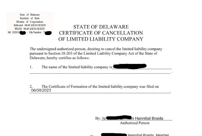 dissolve, terminate or close delaware llc and close ein